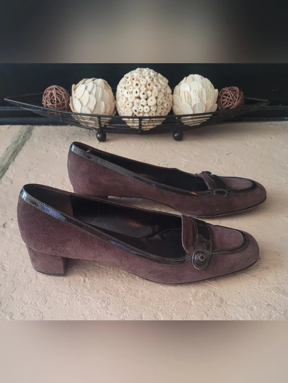 Size 8 B Salvatore Ferragamo Dark Brown Suede Patent Leather Block Heel Pumps